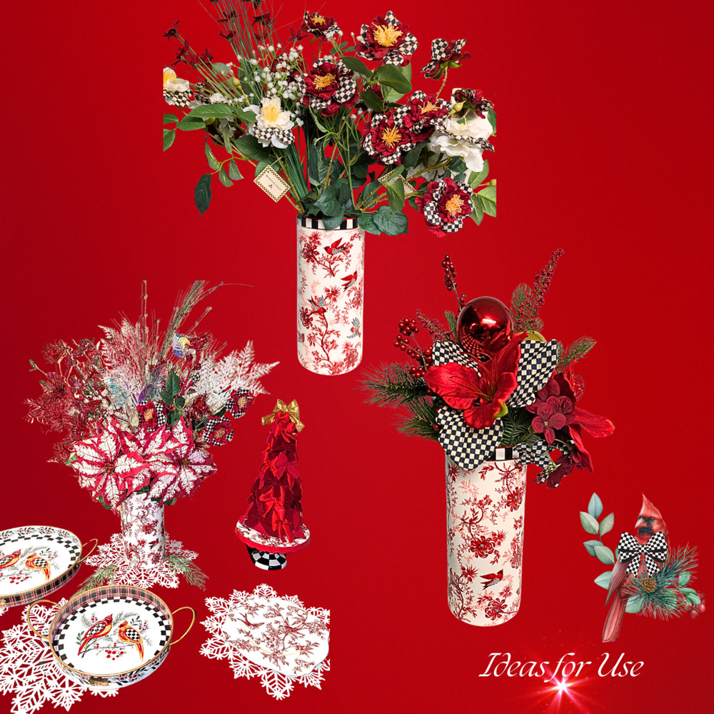 Mackenzie-Childs Red Cardinal Toile Tall Vase 11.75" Ceramic - Picture 4 of 5